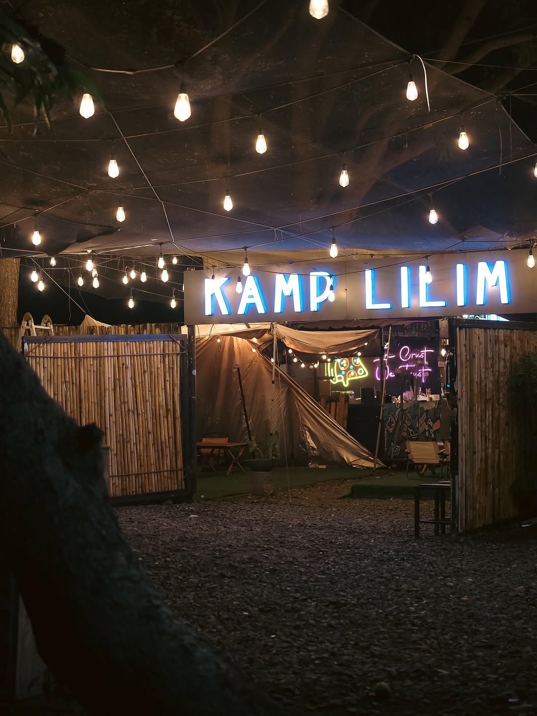 Kamp Lilim illuminated sign at night from outside